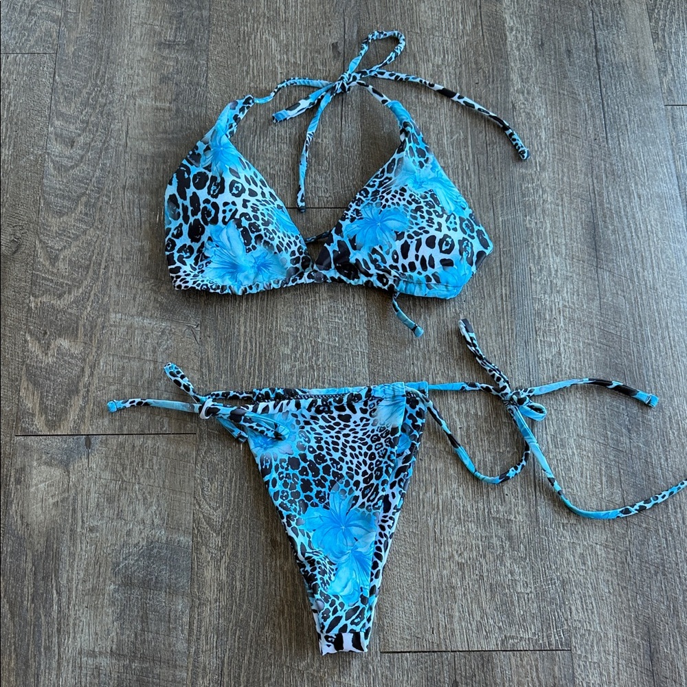 SHEIN Blue Floral Leopard Print Triangle Bikini